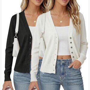 Lightweight Cropped Cardigan Set, V-Neck Button Down Long Sleeve Knit Sweaters